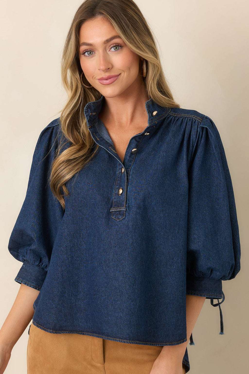 Now You Know Dark Wash Denim Balloon Sleeve Top