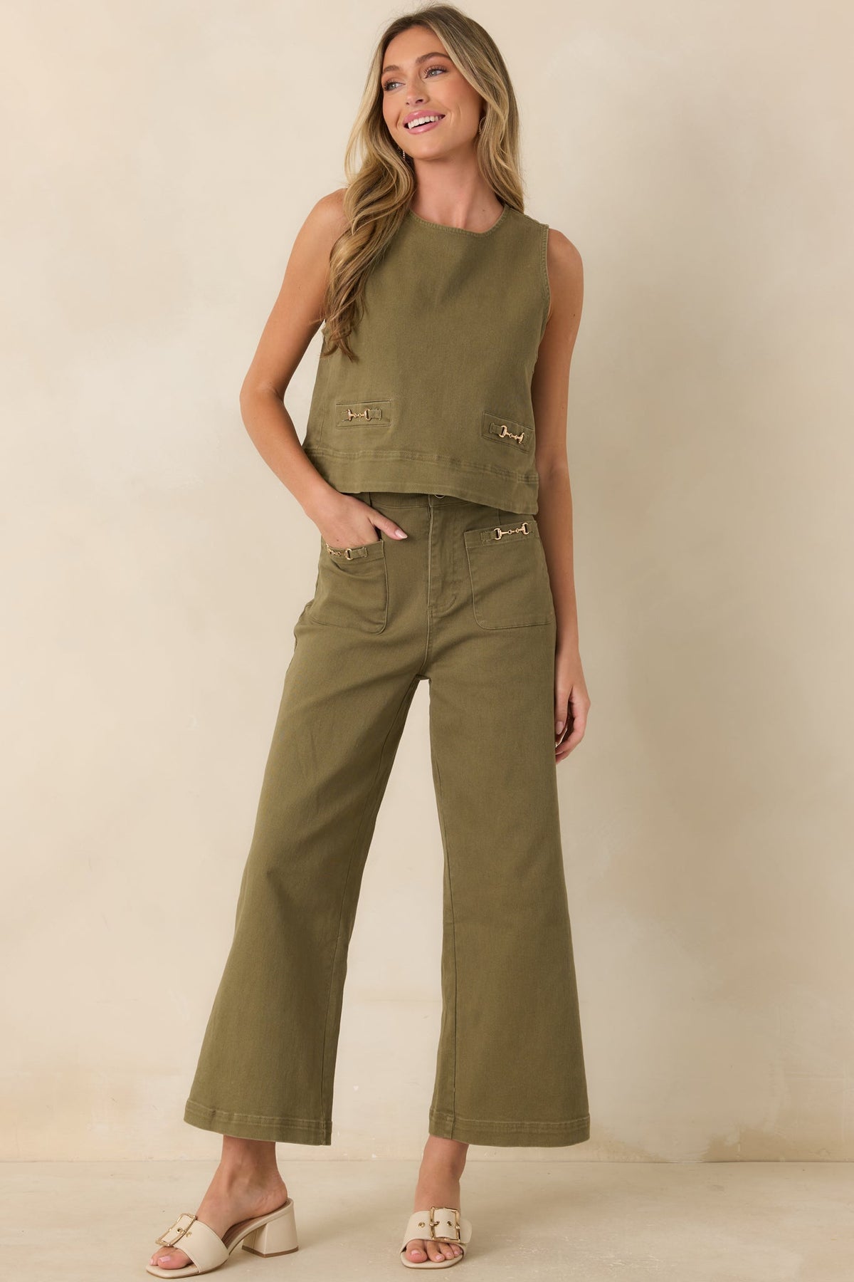 Stable Style Olive Green Horsebit Accent Wide Leg Denim Pants
