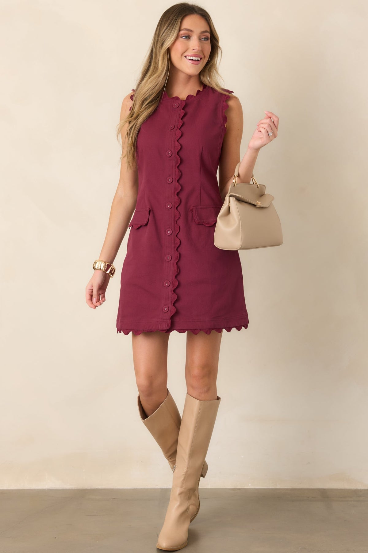 On the Same Wavelength Wine Red Ric Rac Trim Mini Dress