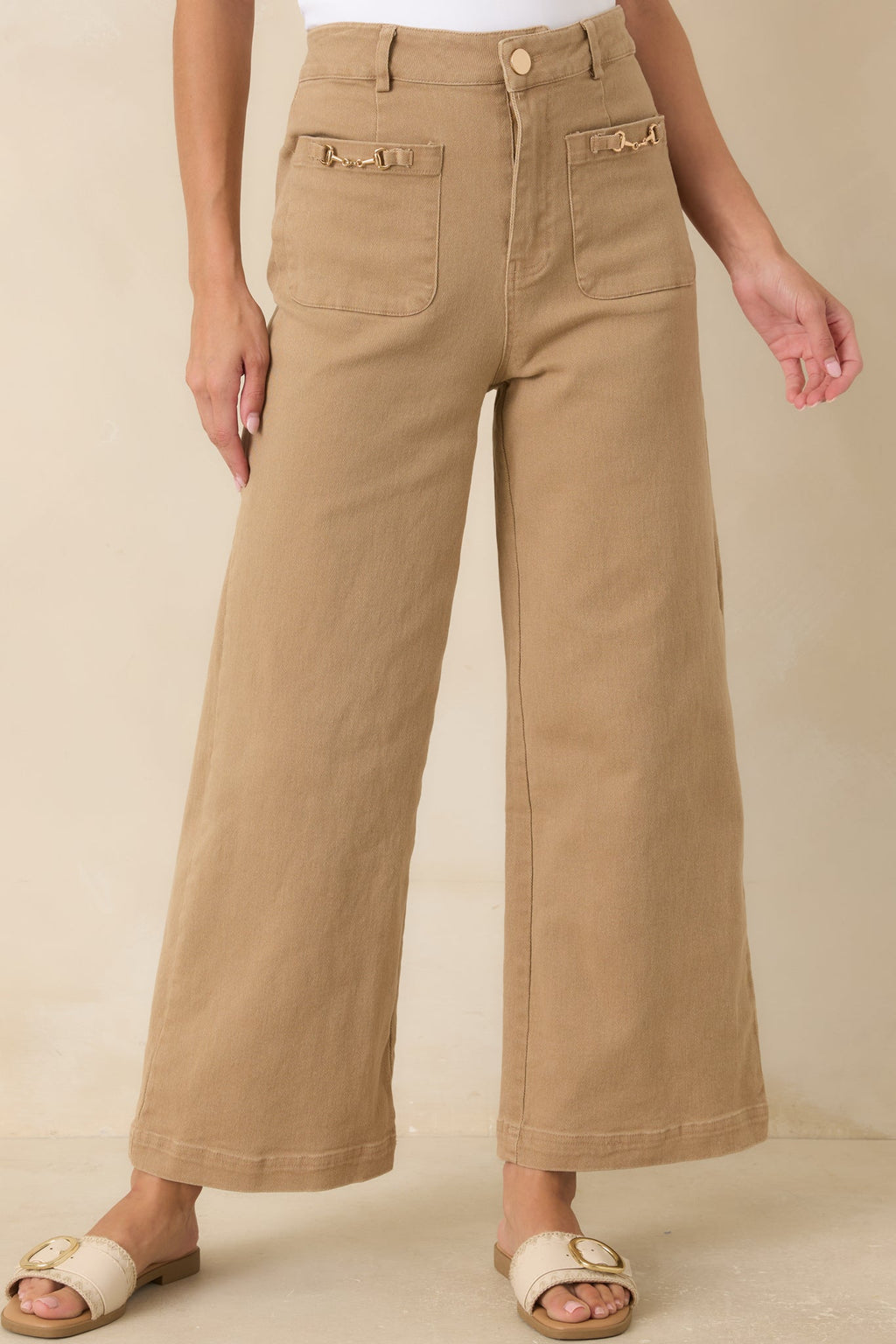 Stable Style Camel Horsebit Accent Wide Leg Denim Pants