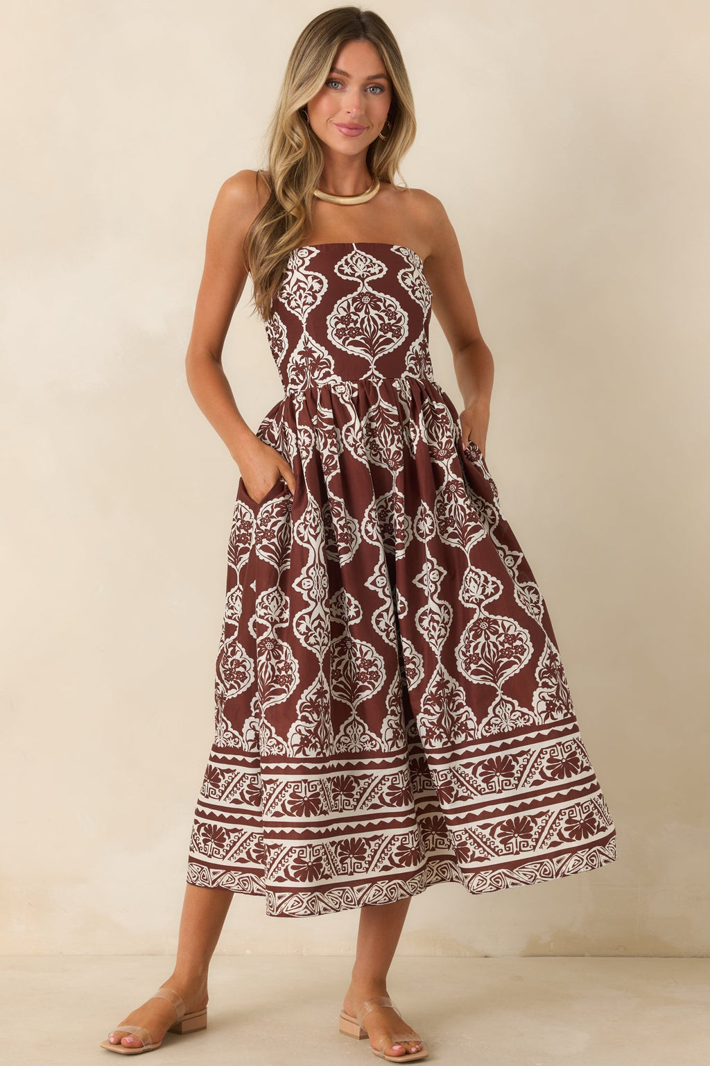 Painted Passage Chocolate & Ivory Cotton Strapless Midi Dress