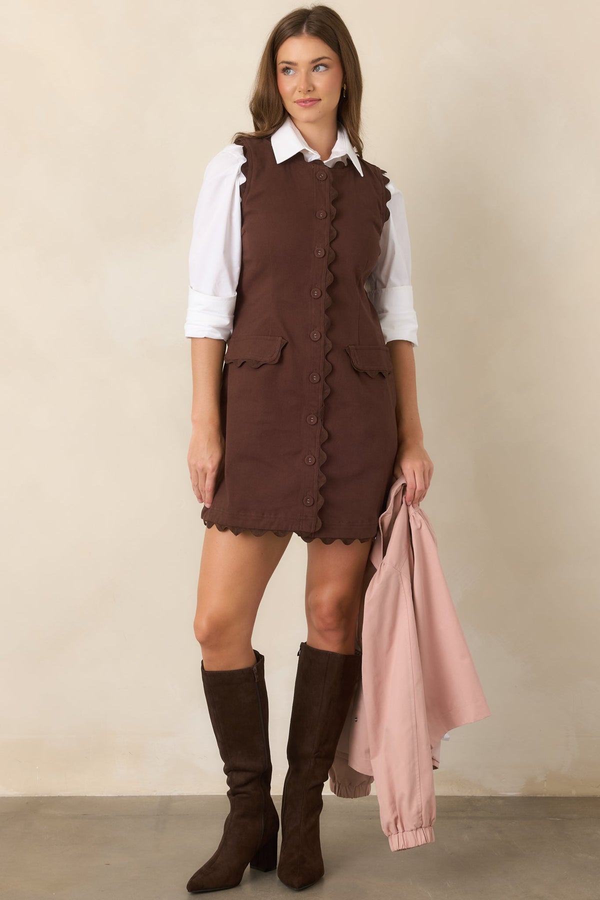 On the Same Wavelength Brown Ric Rac Trim Mini Dress