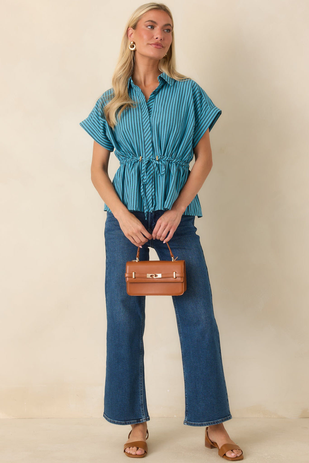 Drawing Attention Turquoise Striped Cinch Waist Top