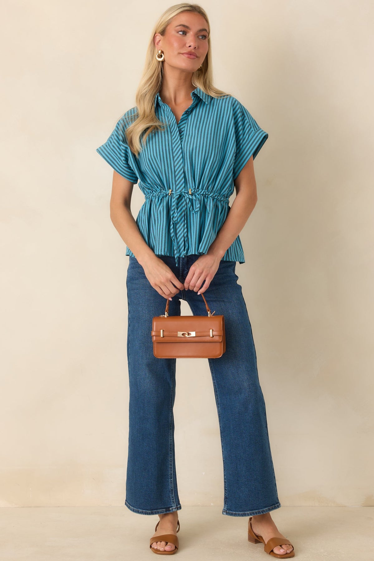 Drawing Attention Turquoise Striped Cinch Waist Top