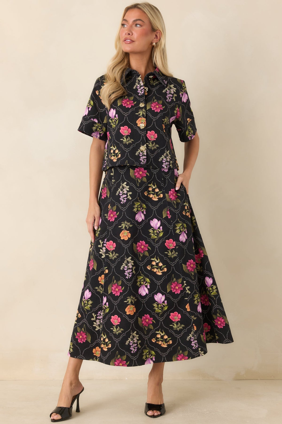 Consider Me Charmed Black Multi Floral Button Front Top
