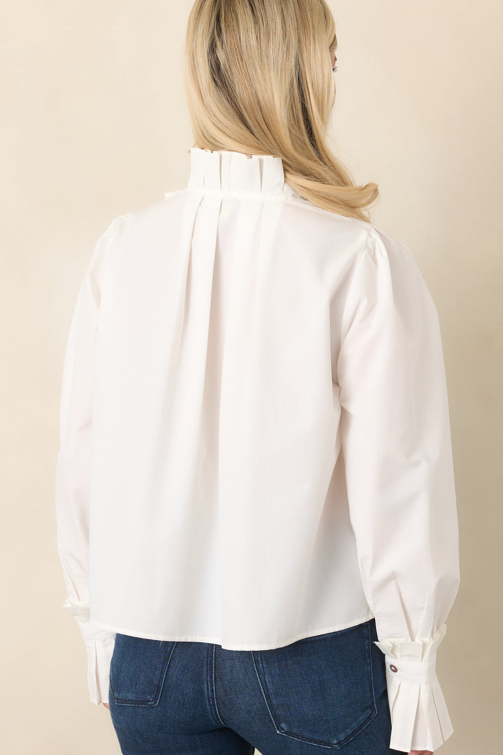 So to Speak White Pleated Ruffle Button Front Blouse