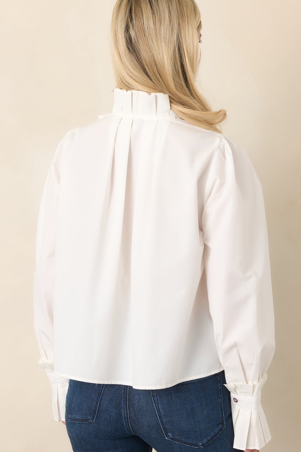 So to Speak White Pleated Ruffle Button Front Blouse