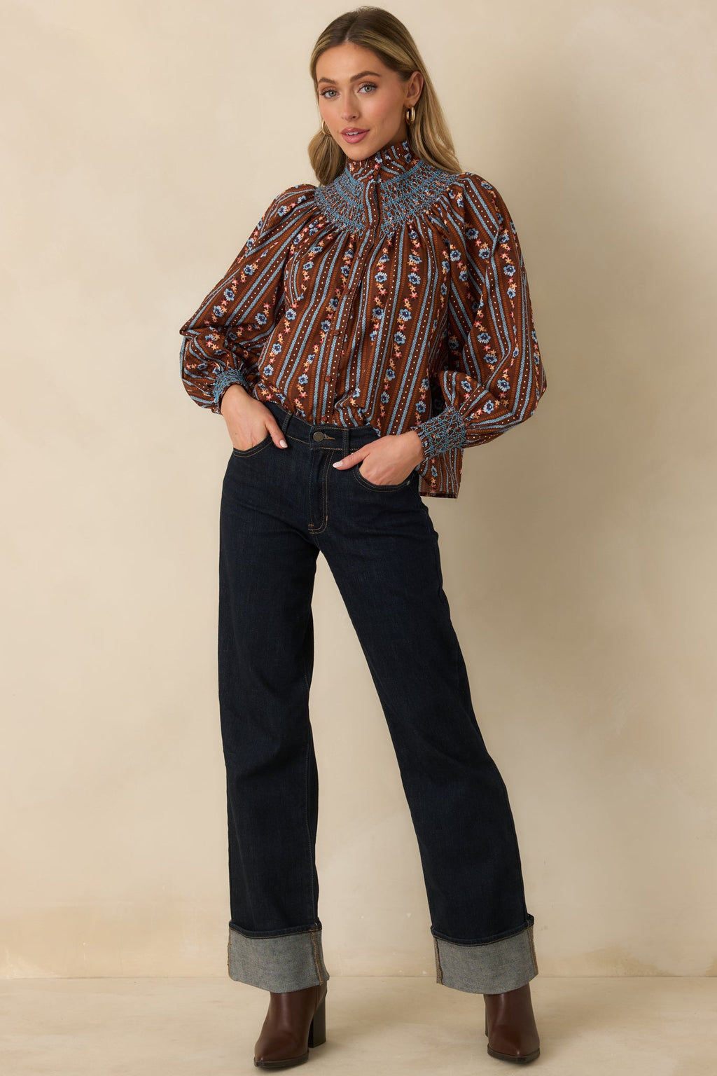 Prosperina Bedford Brown Multi Floral Stripe Cotton Smocked Blouse