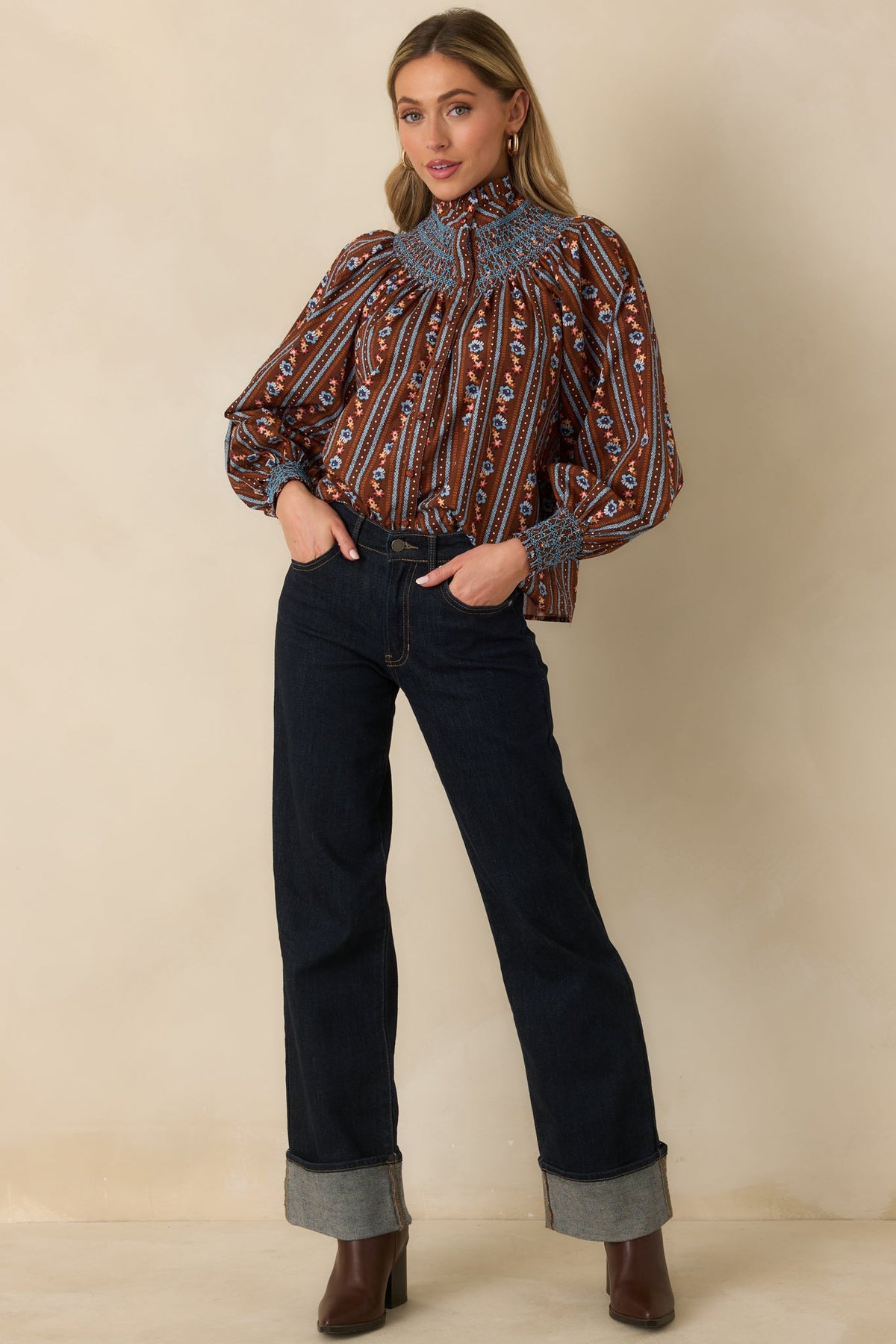 Prosperina Bedford Brown Multi Floral Stripe Cotton Smocked Blouse