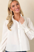 So to Speak White Pleated Ruffle Button Front Blouse