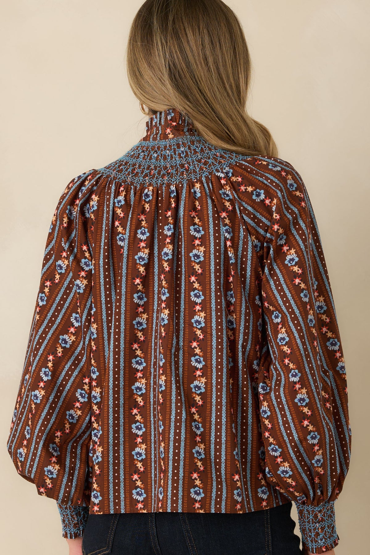 Prosperina Bedford Brown Multi Floral Stripe Cotton Smocked Blouse