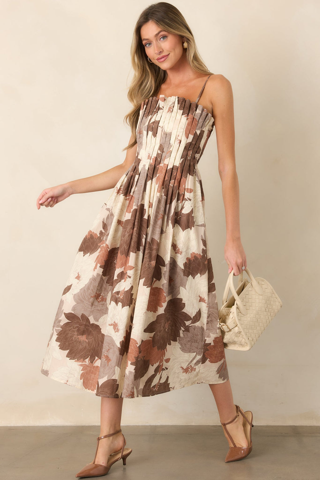 Poetry of the Season Ivory & Brown Floral Pleated Cotton Midi Dress