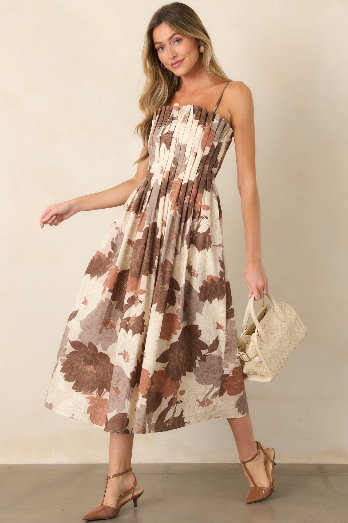 Poetry of the Season Ivory & Brown Floral Pleated Cotton Midi Dress