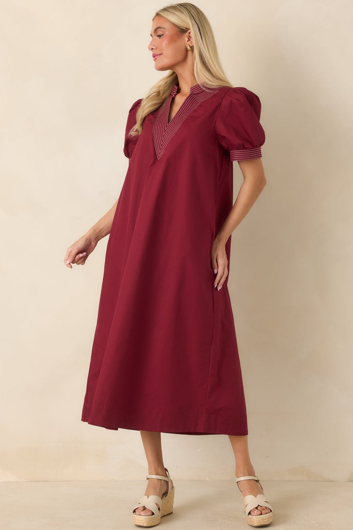 She Makes a Strong Point Burgundy Contrast Stitch Cotton Midi Dress