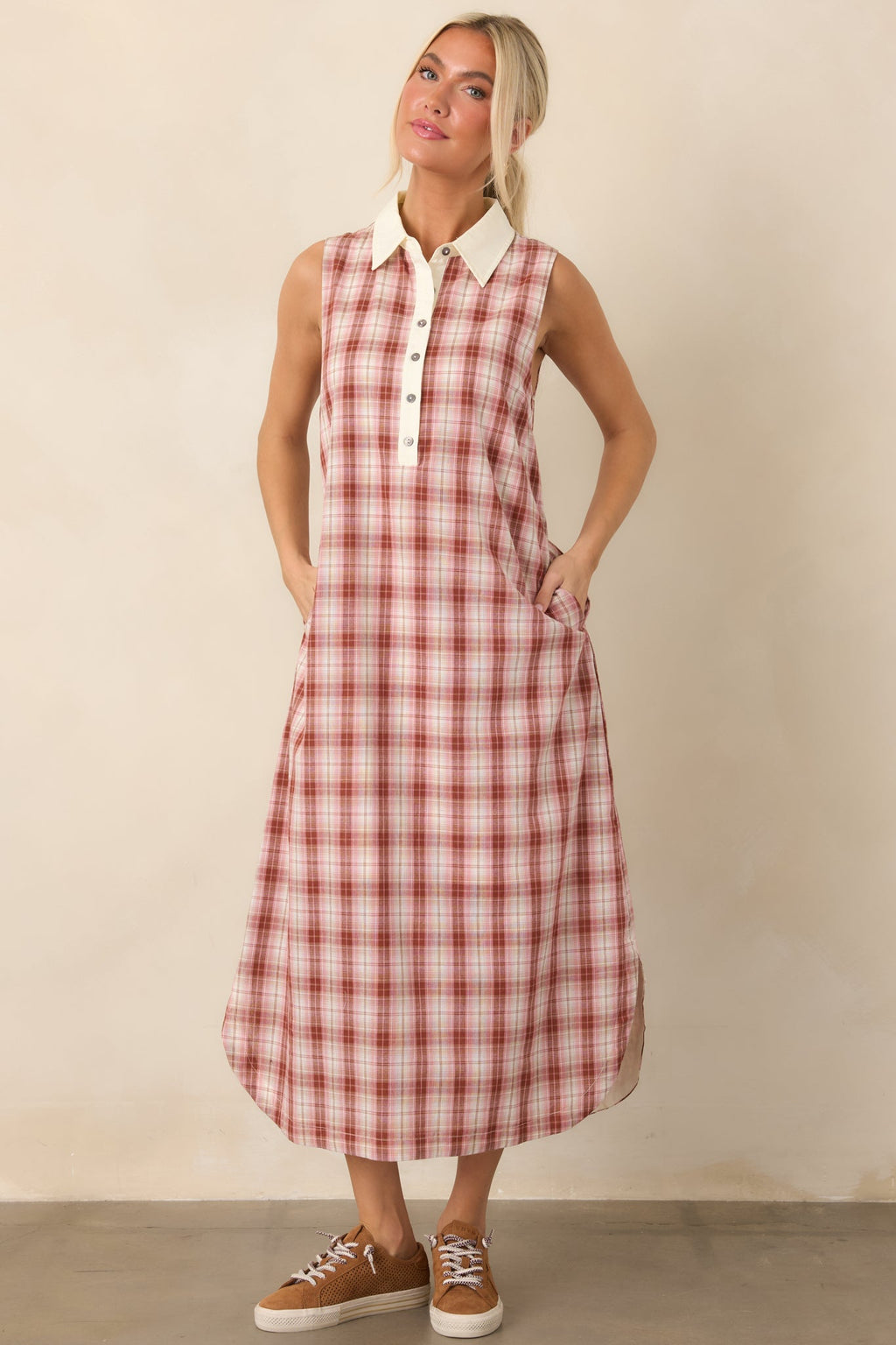 Small Town Story Pink Plaid Cotton Midi Dress