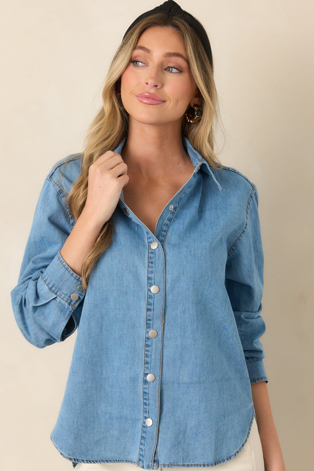 Just So Happens Light Wash Chambray Button Up Shirt