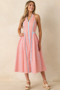 Poolside Poetry Poppy Red Stripe Contrast Halter Midi Dress