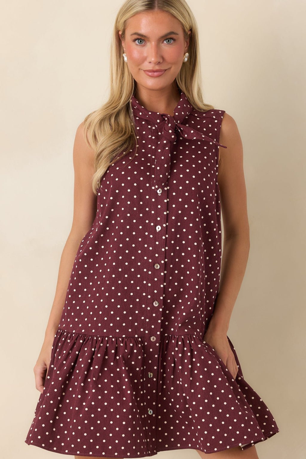 Hard to Overlook Burgundy Polka Dot Cotton Tie-Neck Mini Dress