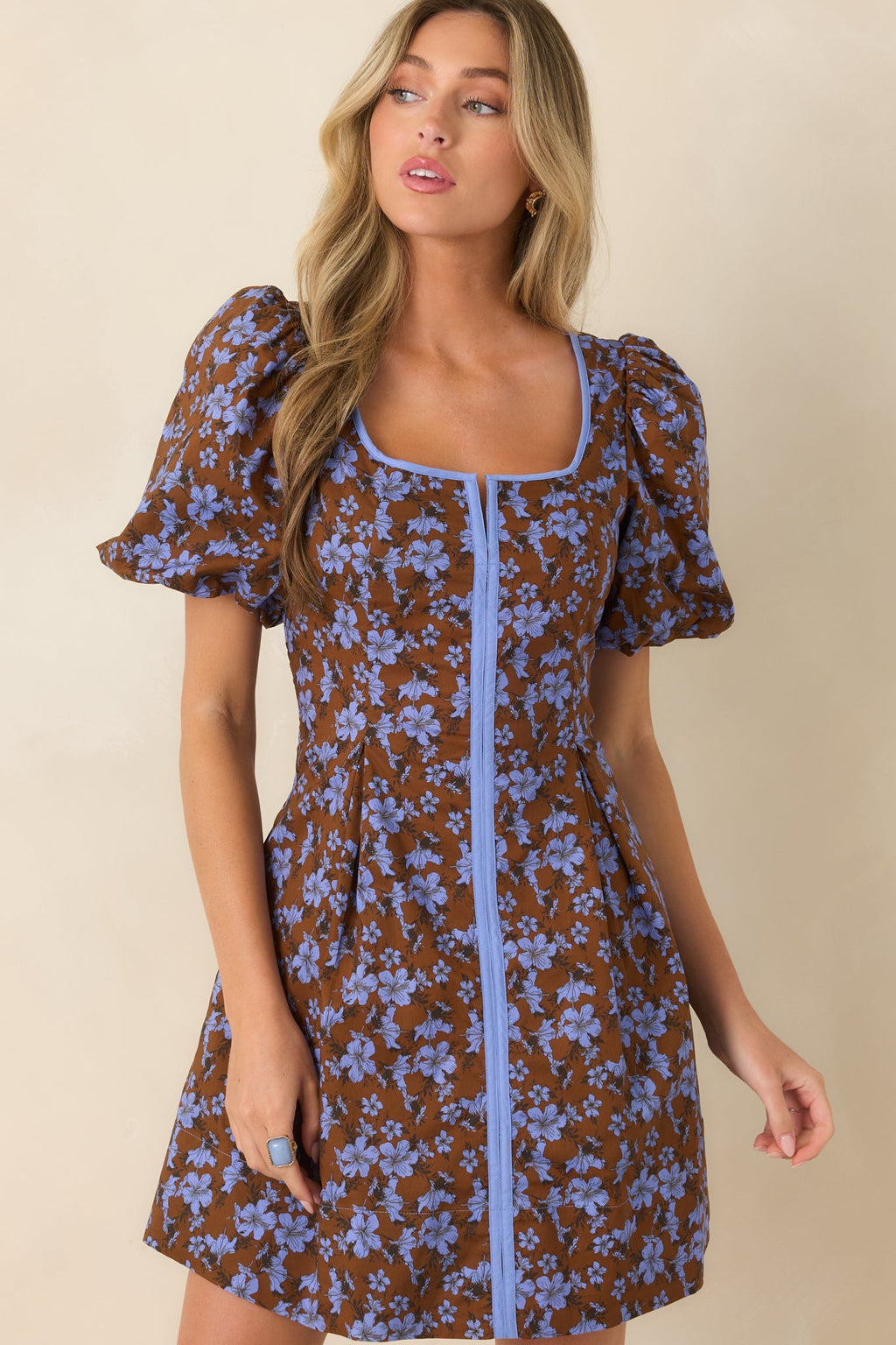 The Prettiest View Brown & Blue Floral Cotton Mini Dress