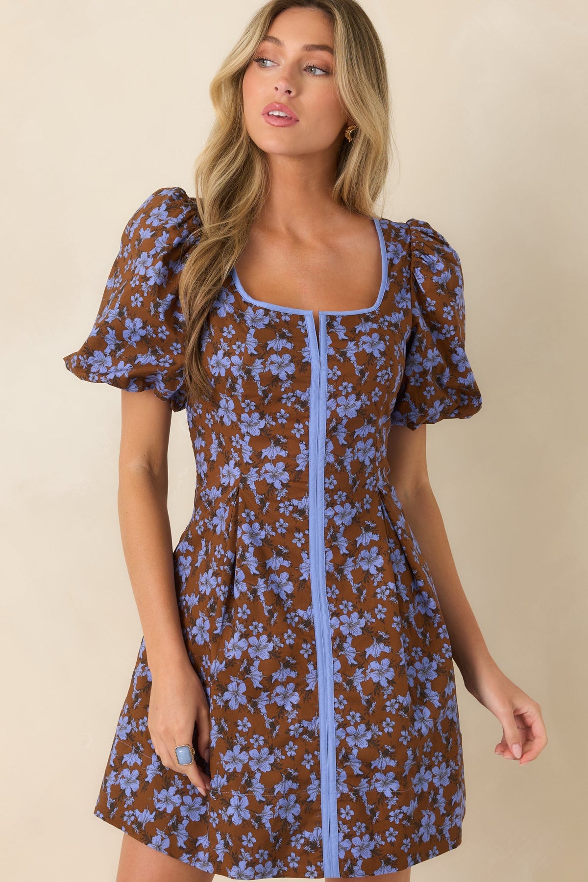 The Prettiest View Brown & Blue Floral Cotton Mini Dress