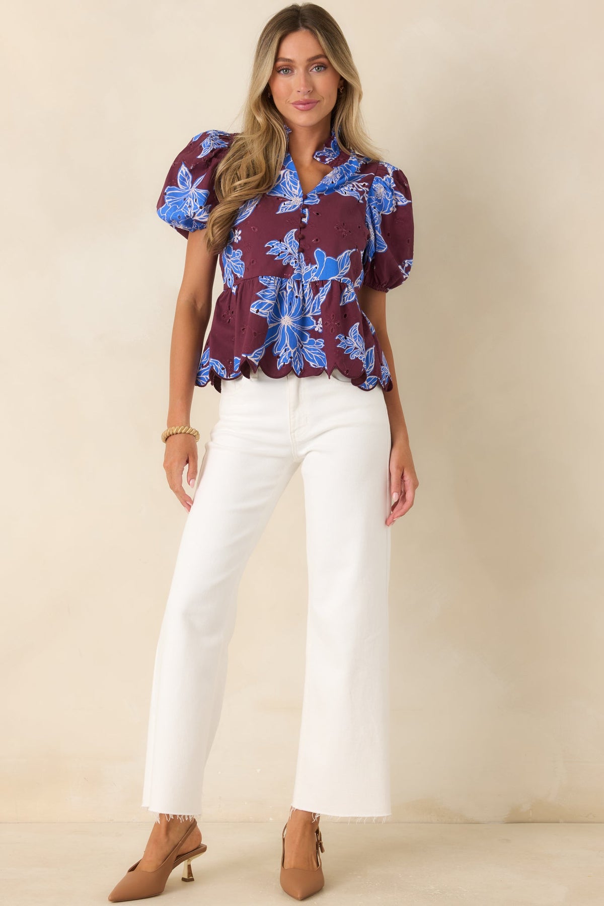 The Garden's Calling Wine & Cobalt Floral Cotton Eyelet Top