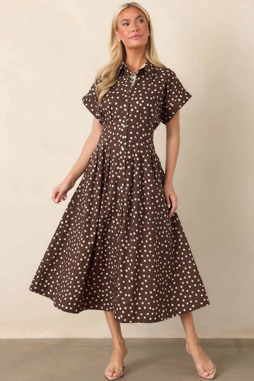 Making a Point Brown & Ivory Polka Dot Cotton Midi Shirt Dress