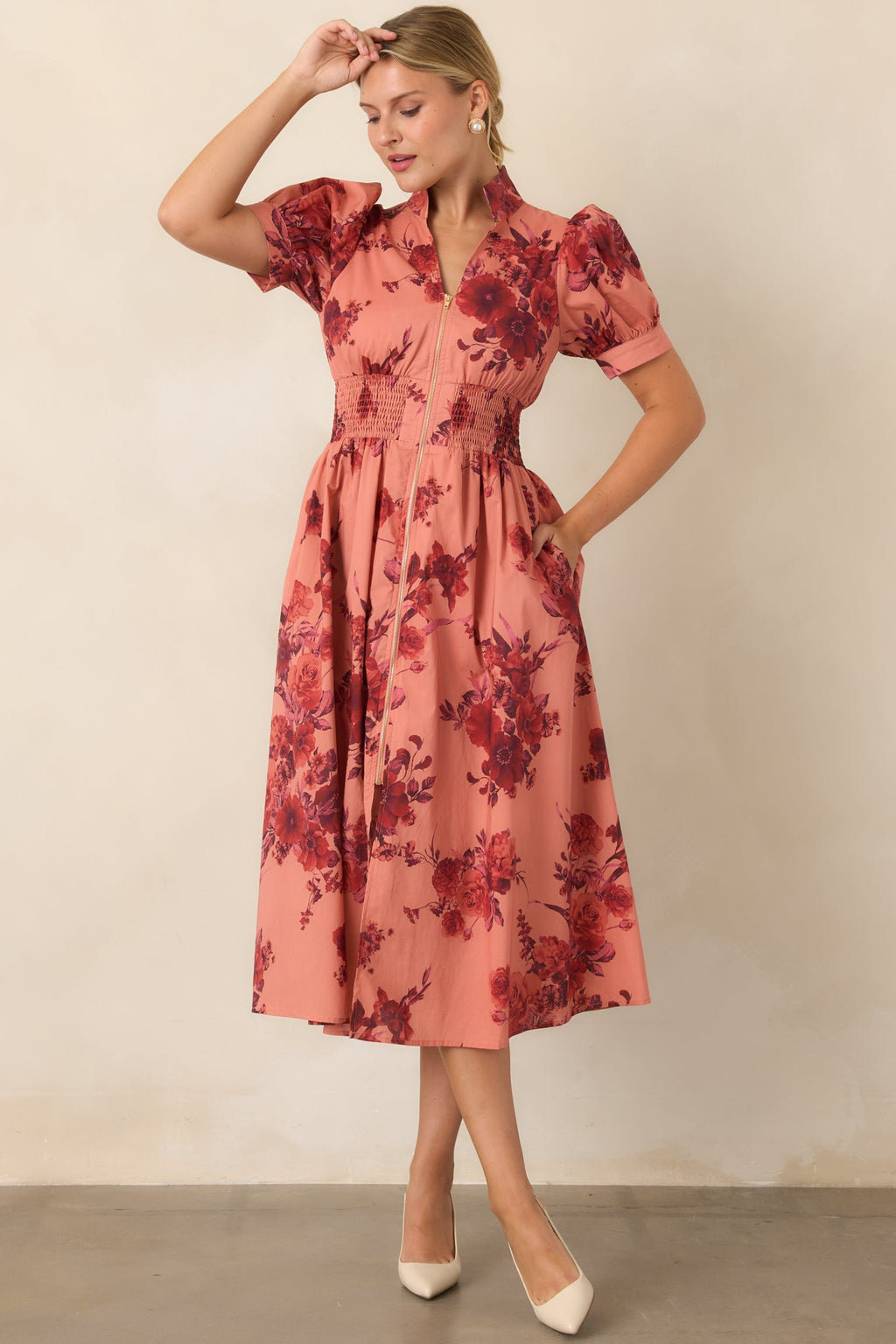 Full of Possibility Coral & Burgundy Floral Cotton Zip Front Midi Dress