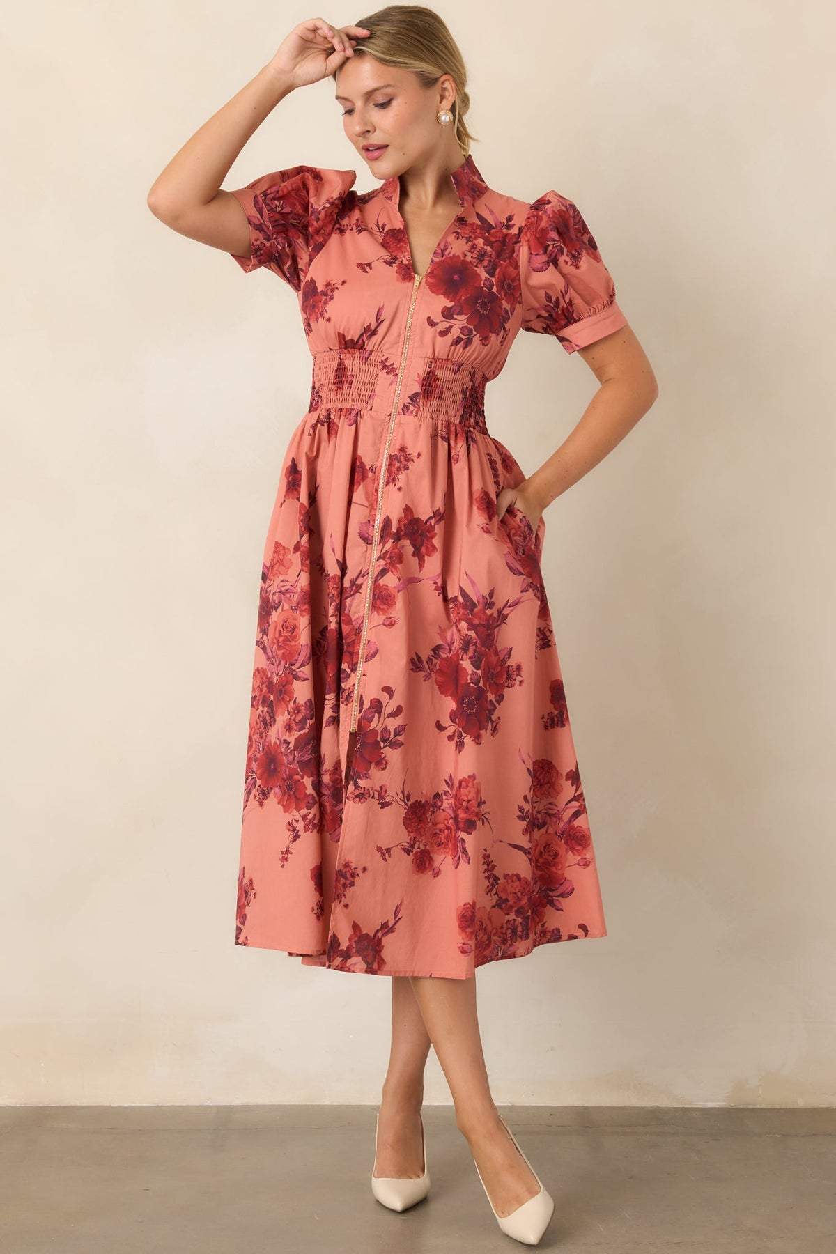 Full of Possibility Coral & Burgundy Floral Cotton Zip Front Midi Dress