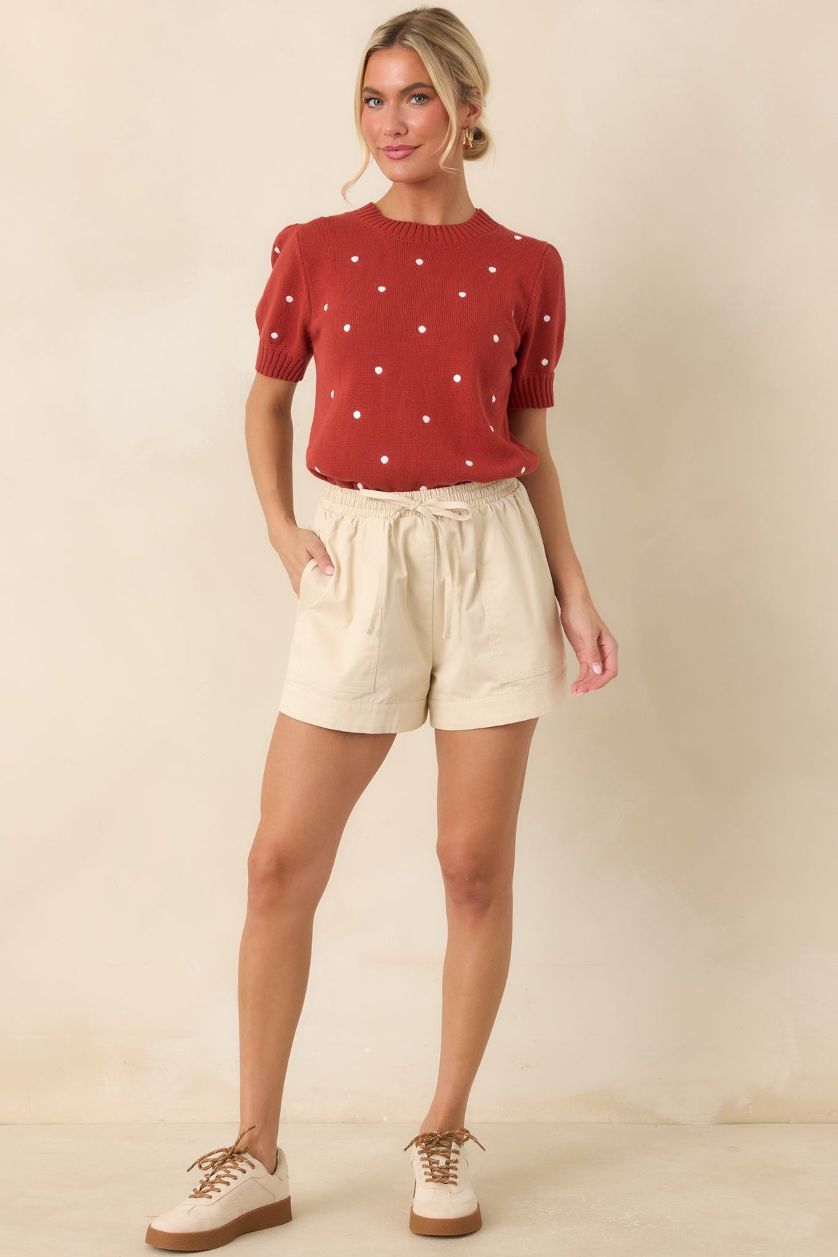 Point of Distinction Rust Red Polka Dot Cotton Knit Top