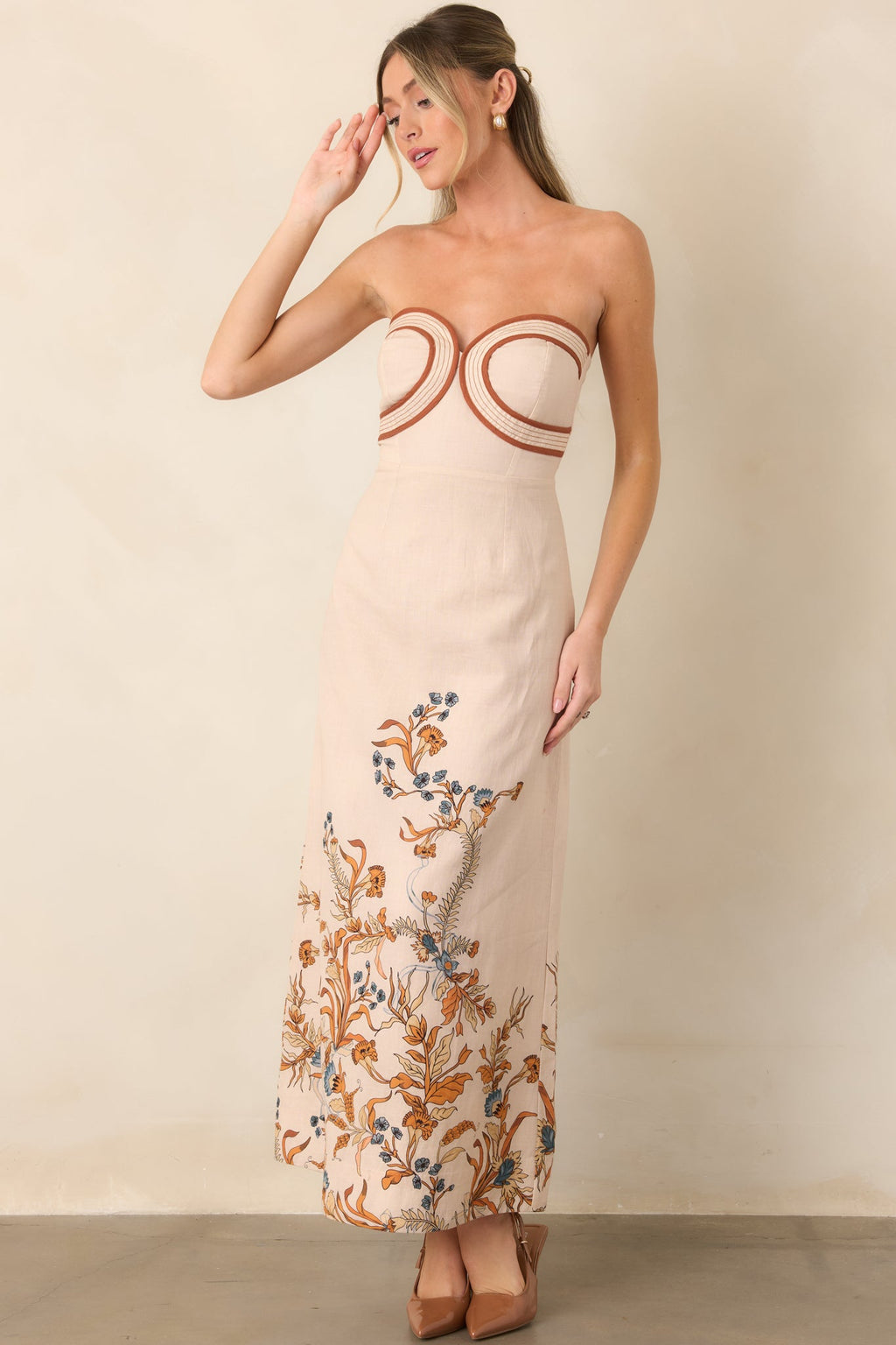 Anna Cate Hayden Ivory Faun Floral Strapless Midi Dress