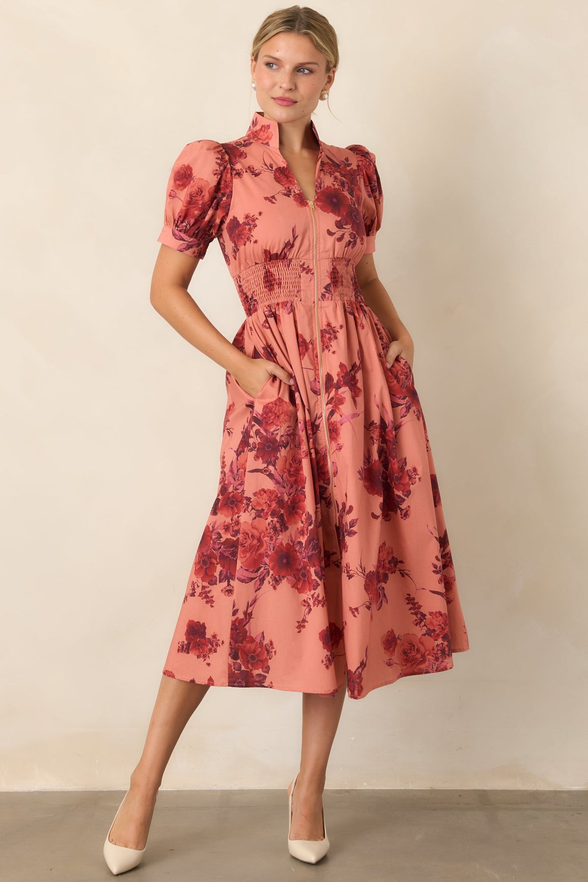 Full of Possibility Coral & Burgundy Floral Cotton Zip Front Midi Dress