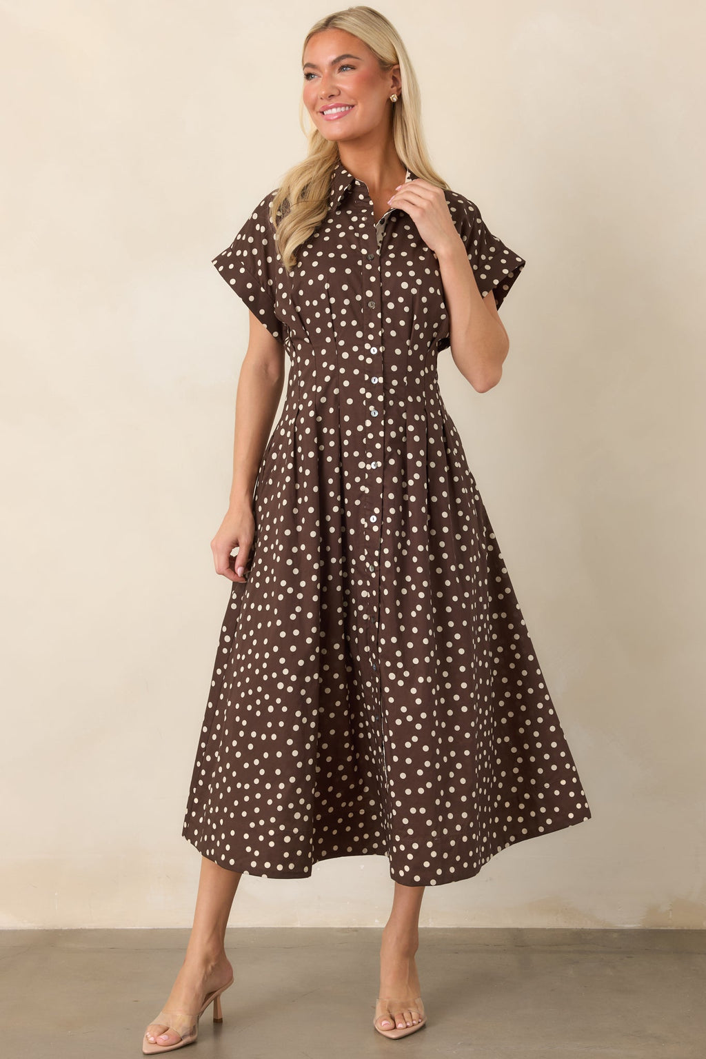 Making a Point Brown & Ivory Polka Dot Cotton Midi Shirt Dress