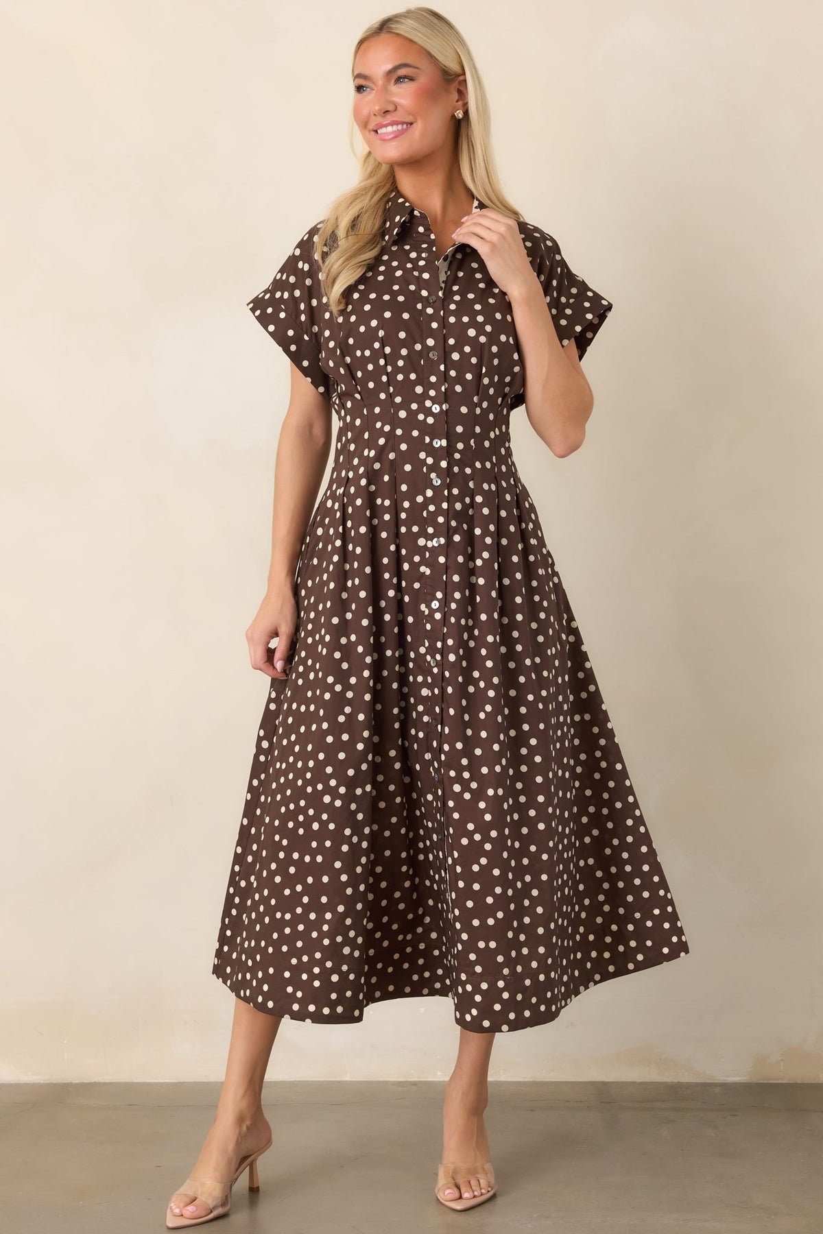 Making a Point Brown & Ivory Polka Dot Cotton Midi Shirt Dress