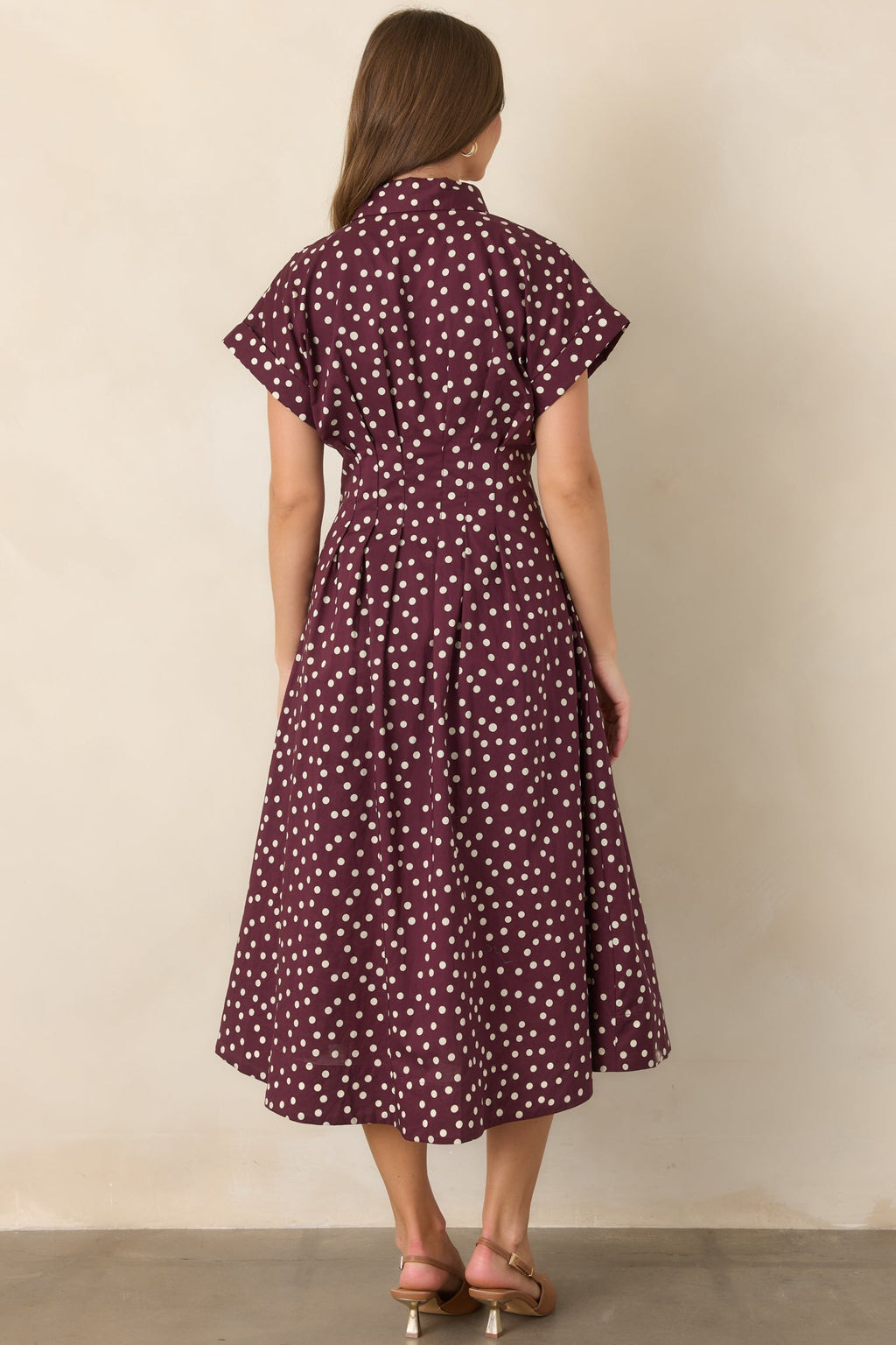 Making a Point Plum & Ivory Polka Dot Cotton Midi Shirt Dress