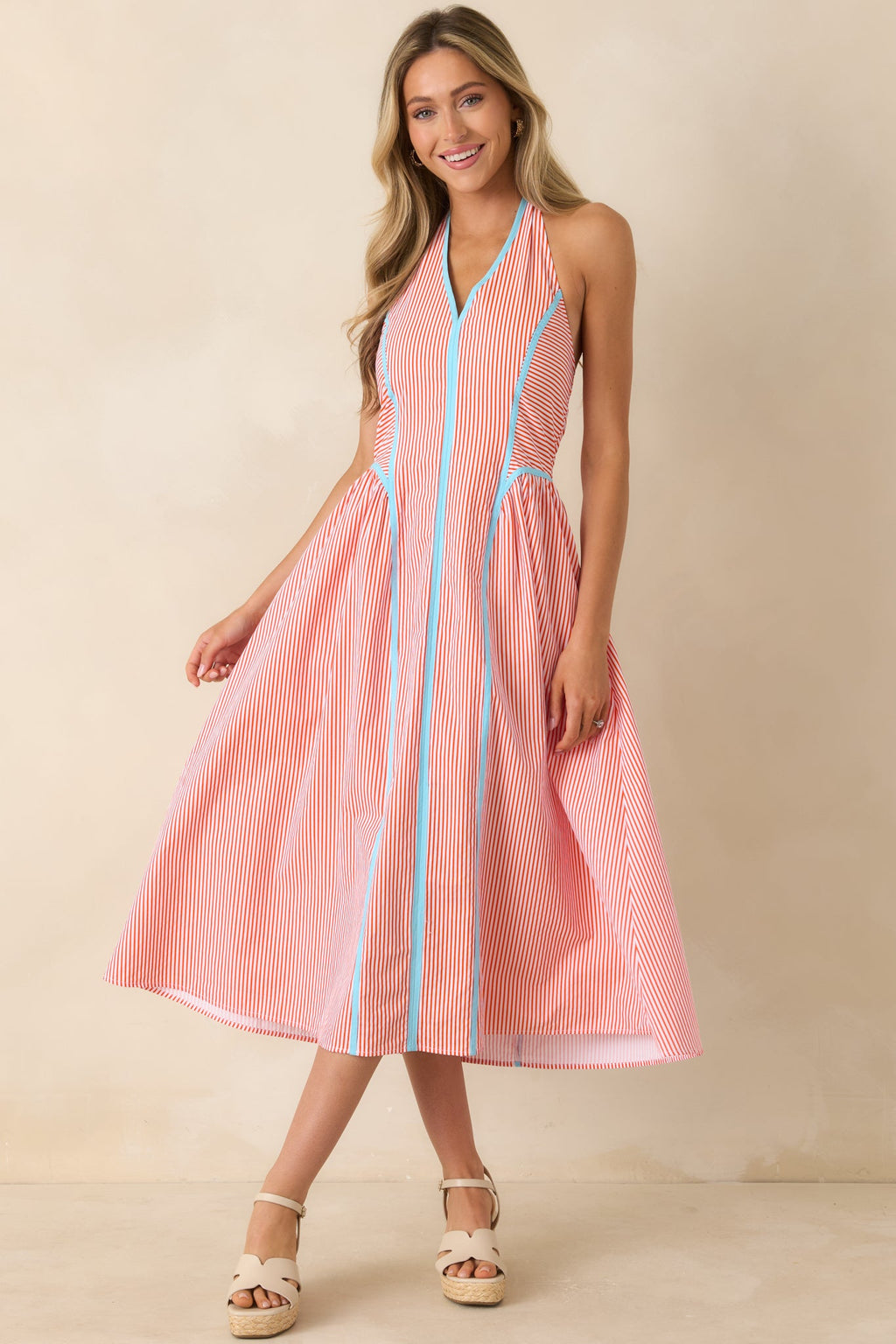 Poolside Poetry Poppy Red Stripe Contrast Halter Midi Dress
