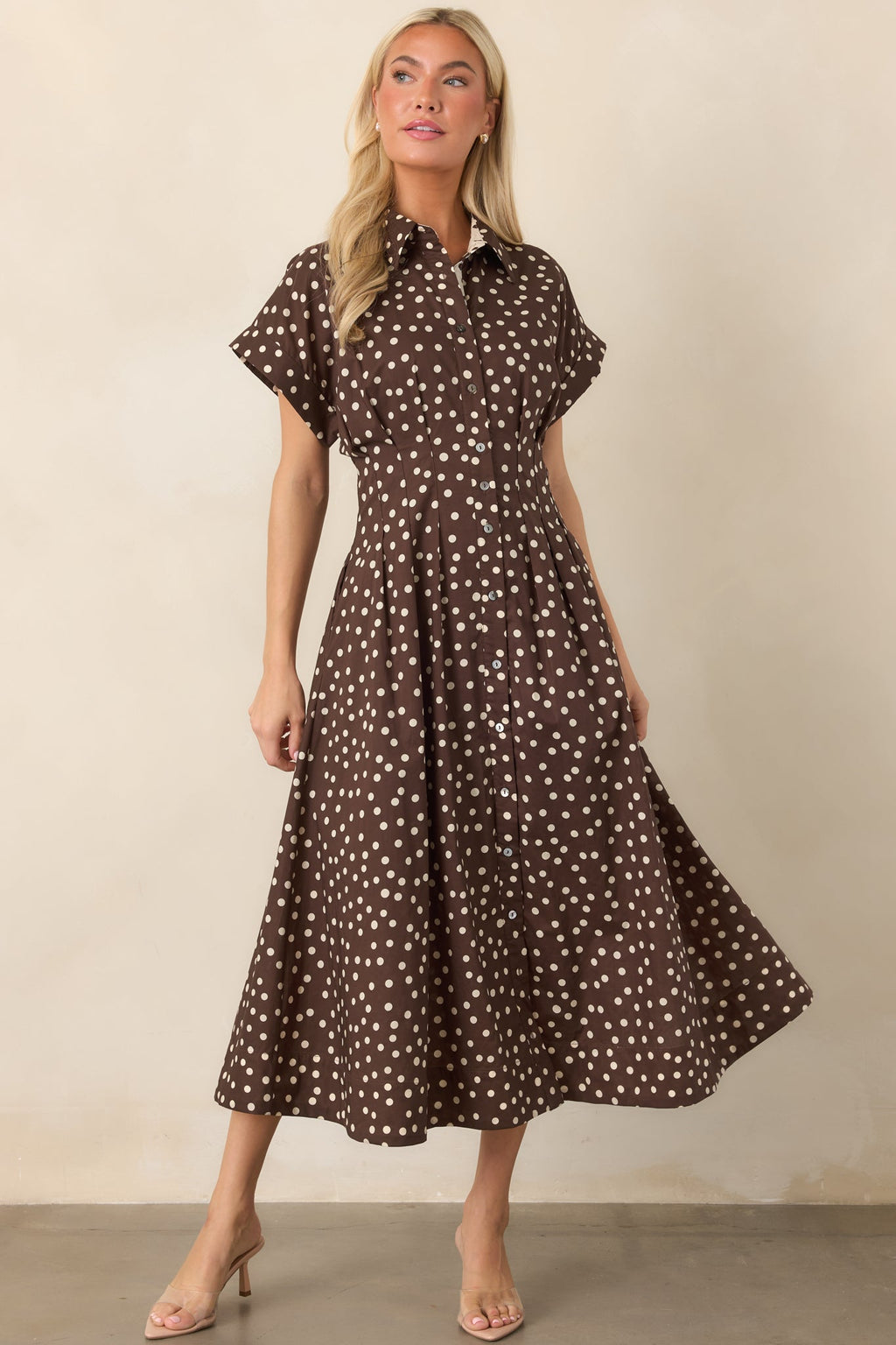 Making a Point Brown & Ivory Polka Dot Cotton Midi Shirt Dress