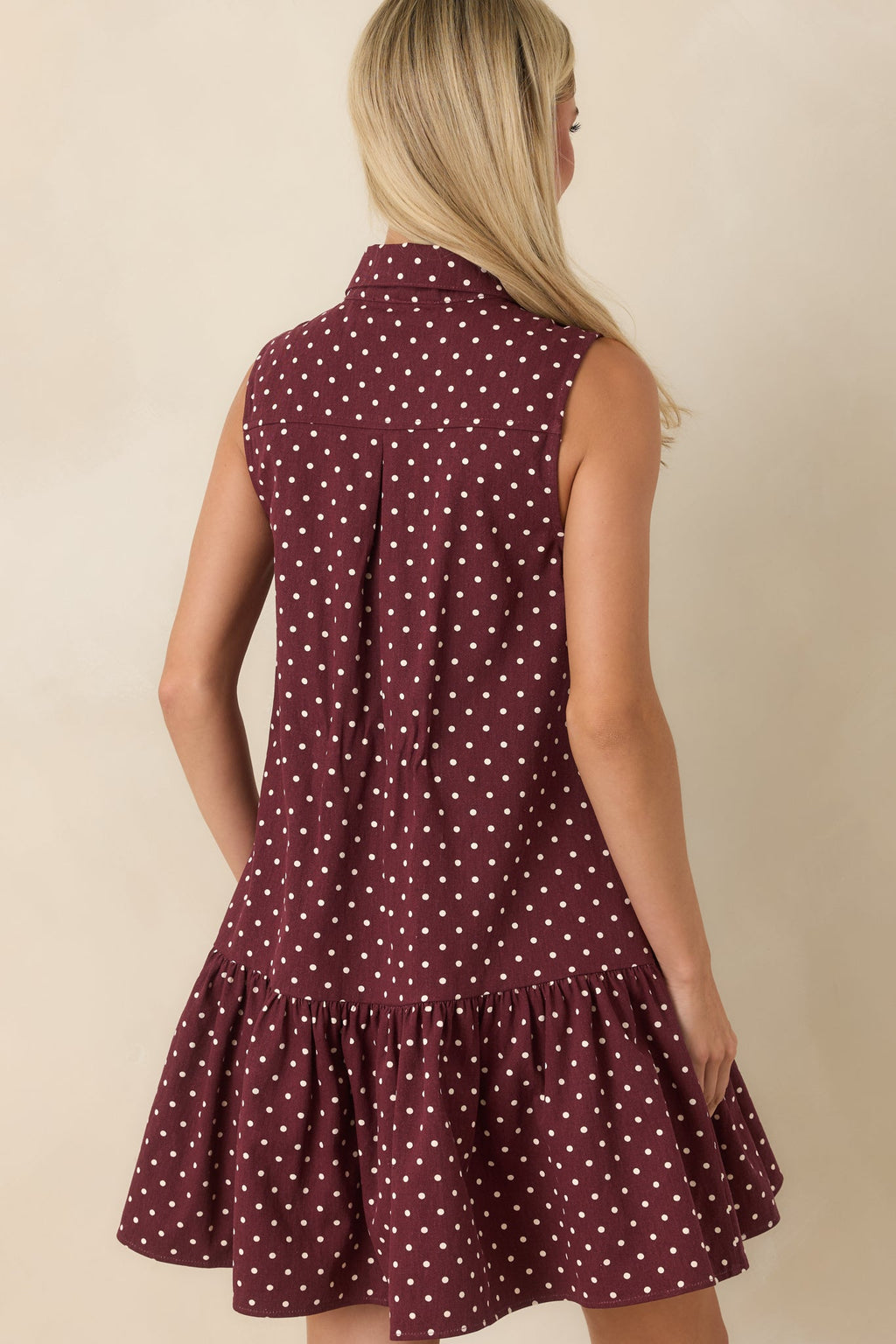 Hard to Overlook Burgundy Polka Dot Cotton Tie-Neck Mini Dress