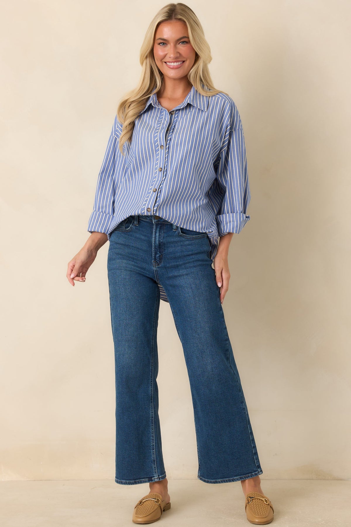 Just What You Wanted Navy Stripe Cotton Button Up Shirt