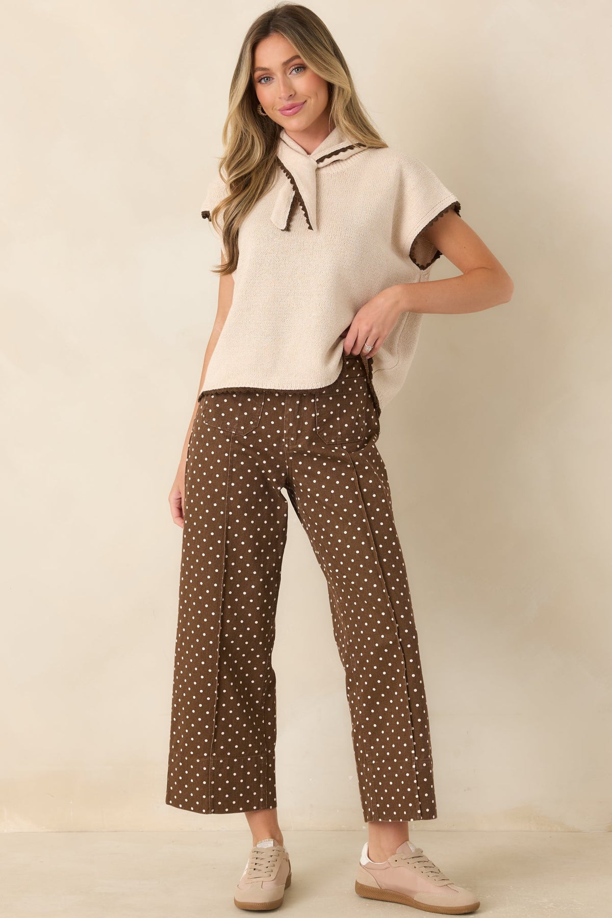 Dot Your Average Brown Cotton Polka Dot Cropped Wide Leg Pants