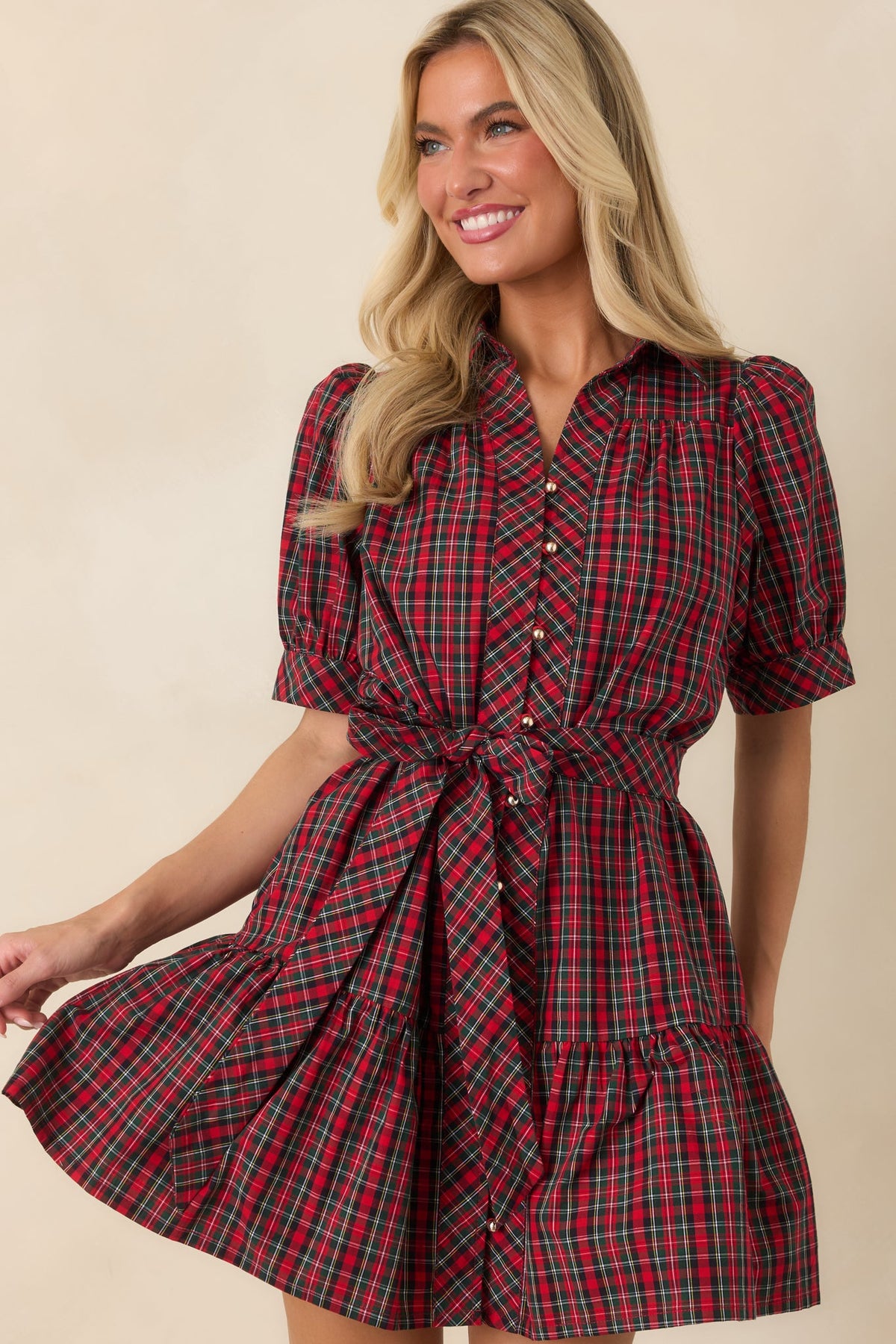 Glad We Made Plans Red & Green Plaid Cotton Mini Dress