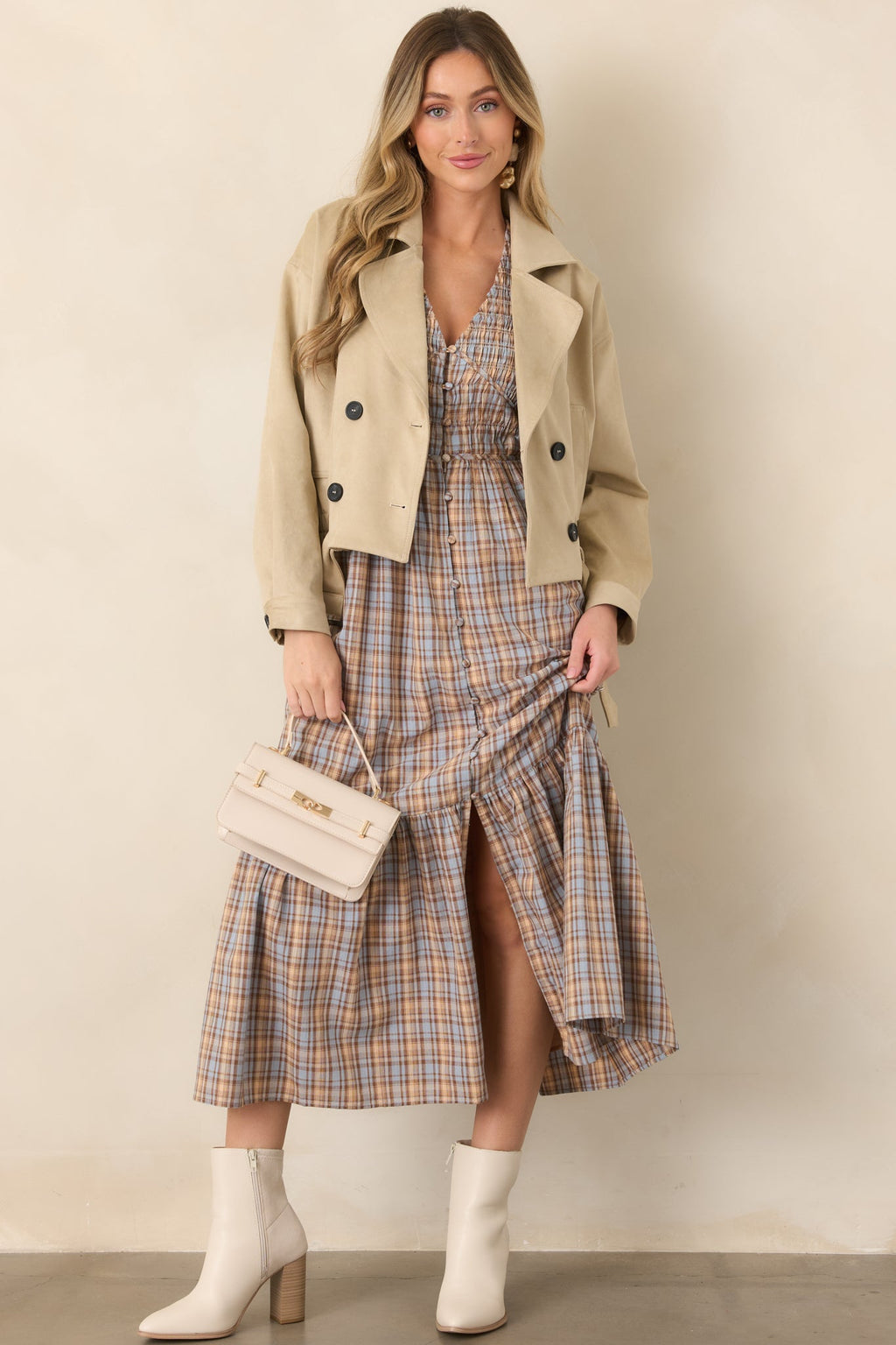 As the Day Goes Dusty Blue & Tan Plaid Cotton Smocked Midi Dress