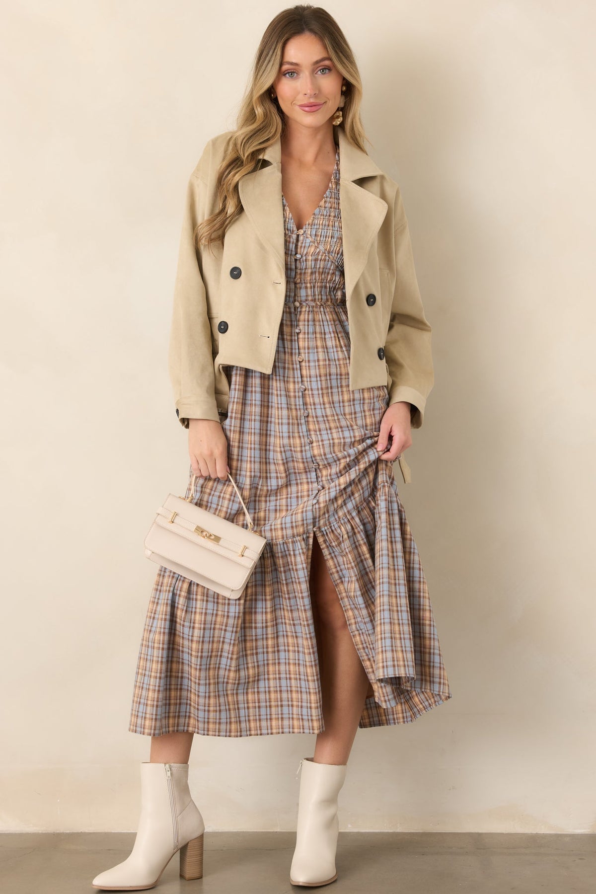 As the Day Goes Dusty Blue & Tan Plaid Cotton Smocked Midi Dress
