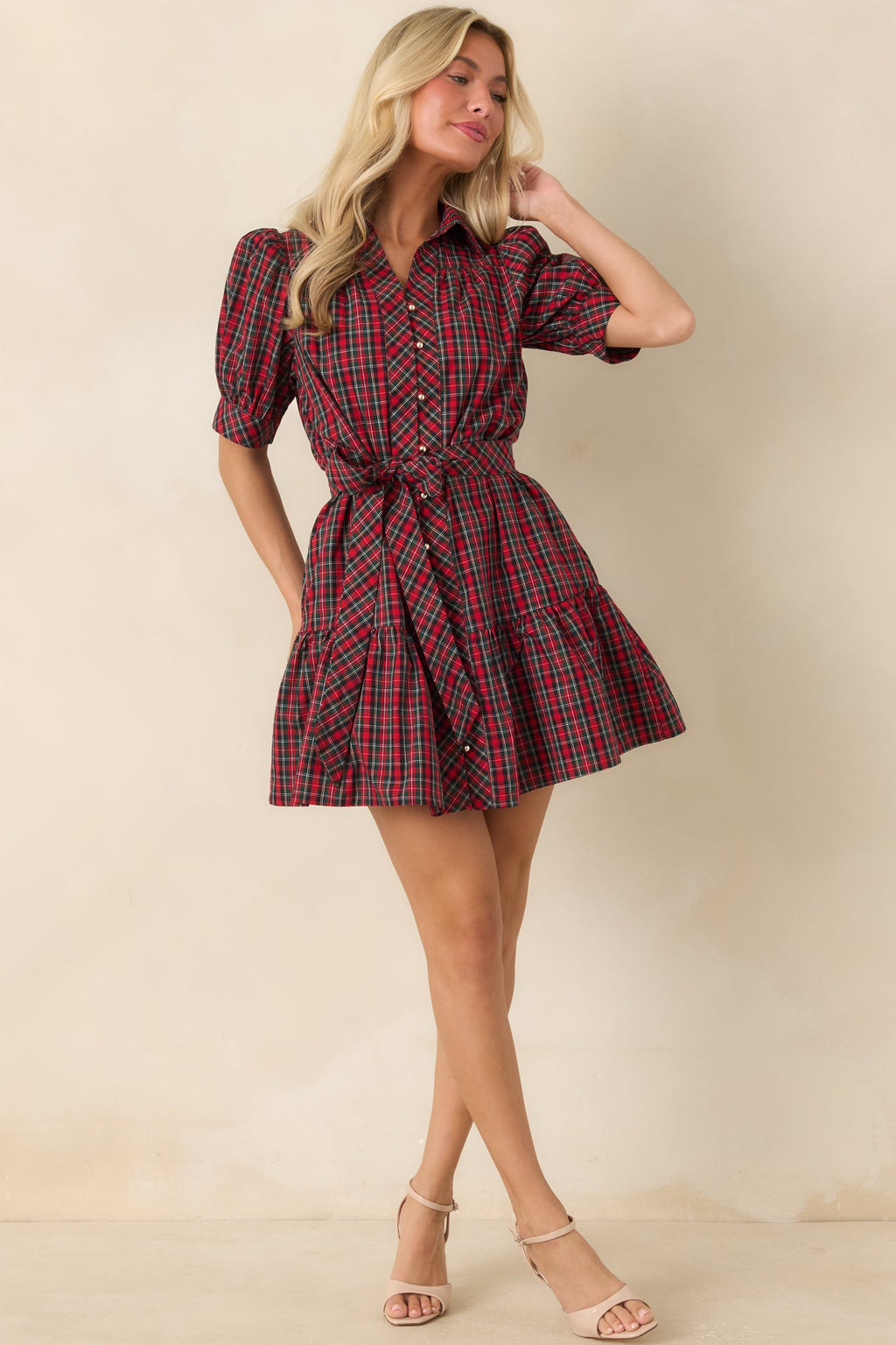 Glad We Made Plans Red & Green Plaid Cotton Mini Dress