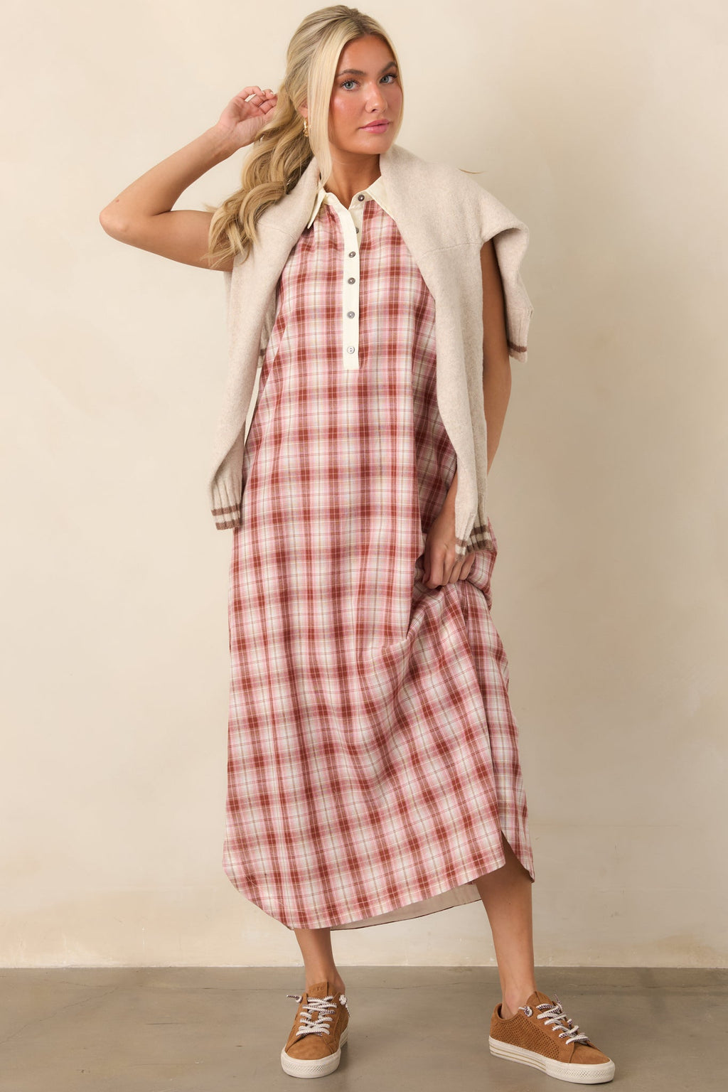 Small Town Story Pink Plaid Cotton Midi Dress