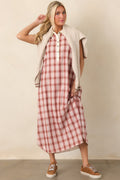 Small Town Story Pink Plaid Cotton Midi Dress