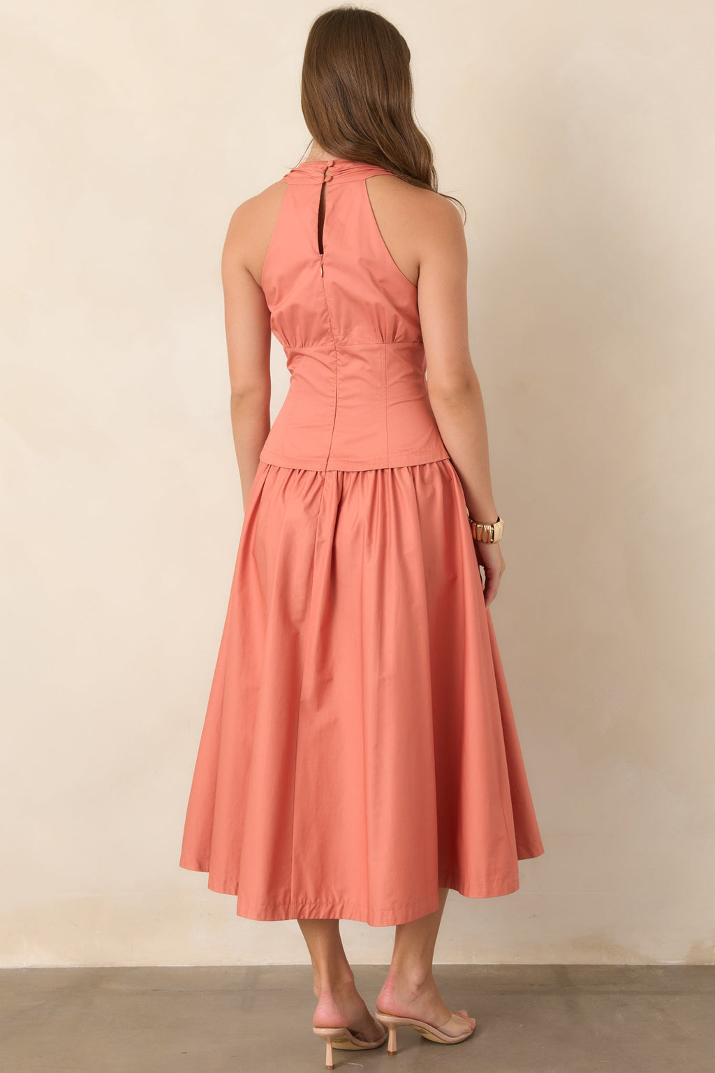 In the Warm Breeze Coral Orange Cotton Structured Bodice Sleeveless Midi Dress