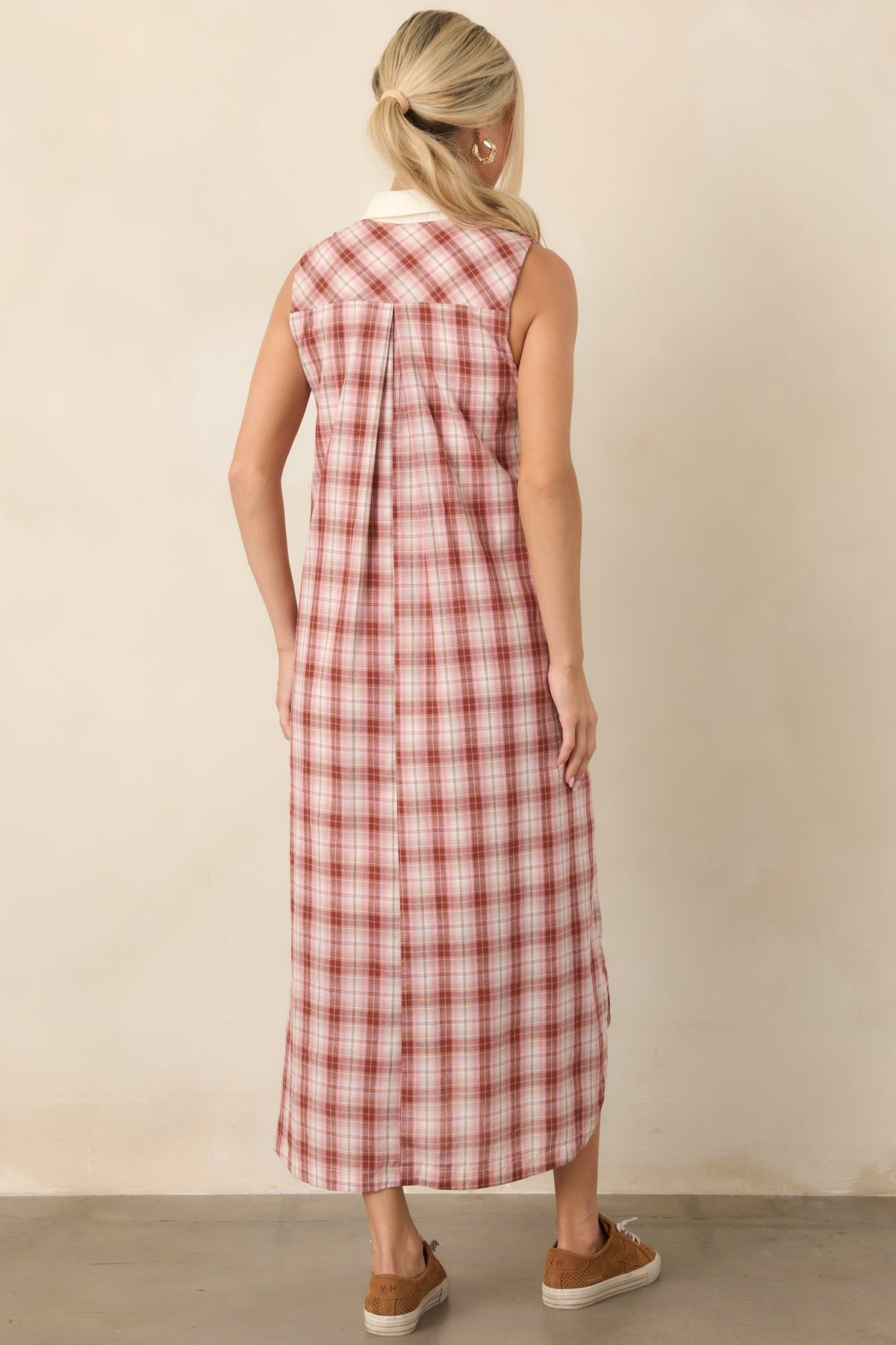 Small Town Story Pink Plaid Cotton Midi Dress