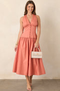 In the Warm Breeze Coral Orange Cotton Structured Bodice Sleeveless Midi Dress