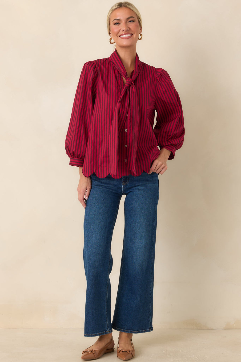 Read Between the Lines Red & Brown Stripe Tie Neck Blouse