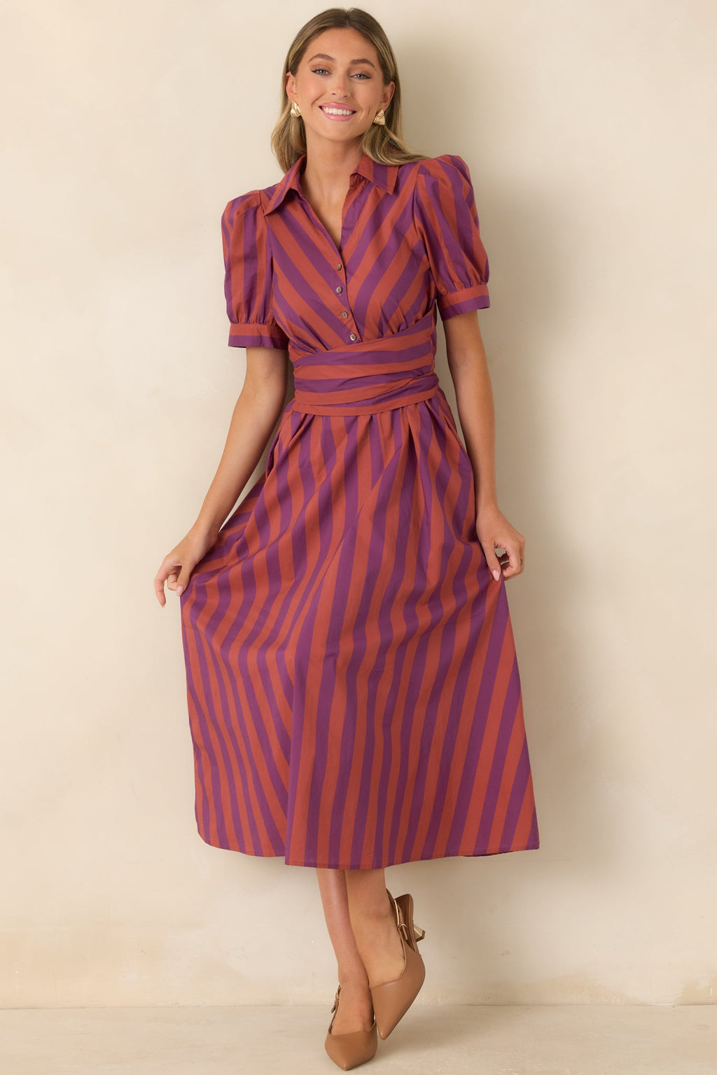 A Fresh Approach Plum & Burgundy Stripe Cotton Midi Shirt Dress